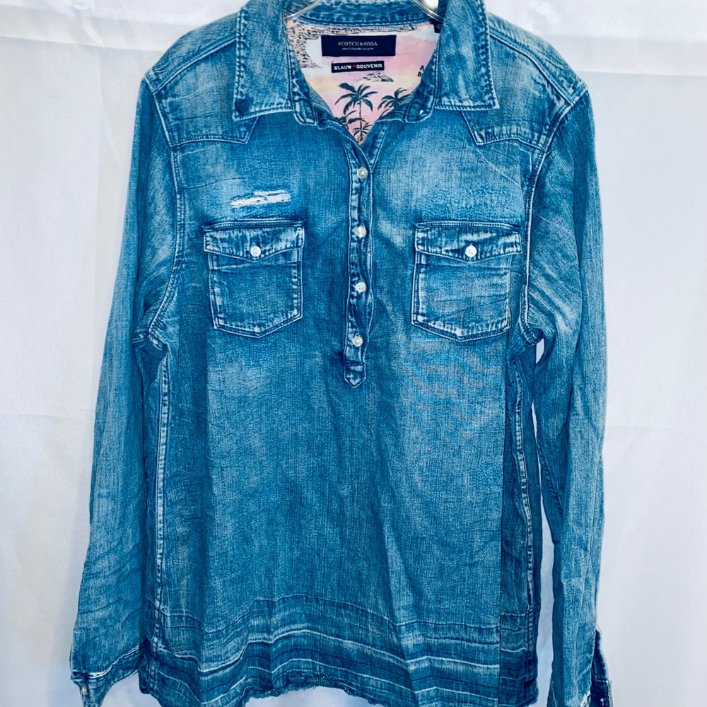 SCOTCH & SODA Ams Blauw Shirt distressed Cotton Denim Style Half-Button sz L